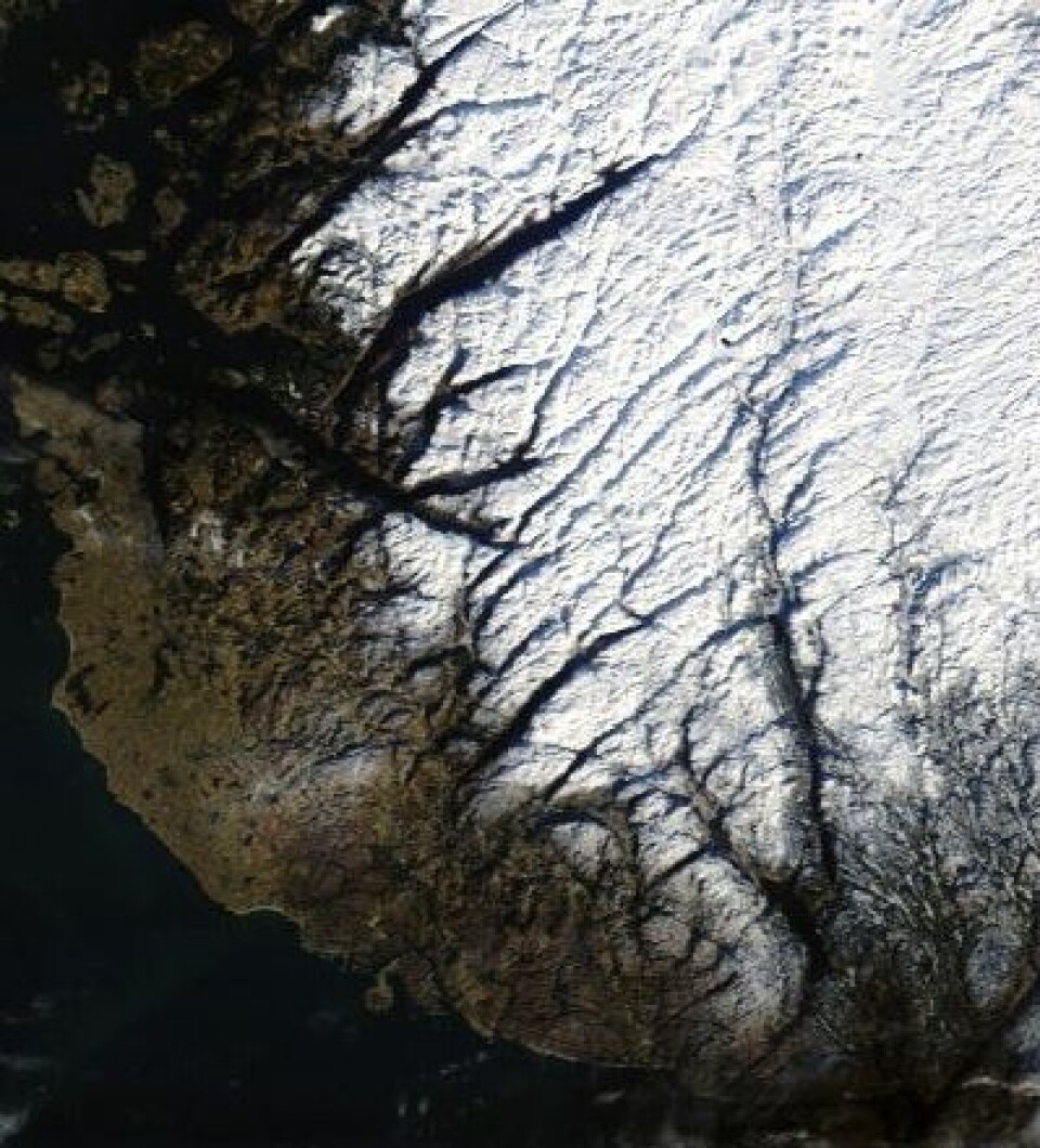 Februar startet med klarvær over mye av landet. Her er Jæren og dalstrøkene innenfor sett fra NASAs satellitt Terra 1. feb. (Foto: (NASA Terra MODIS))