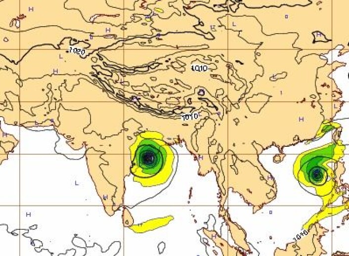 Værprognose for lørdag 12. oktober kl 12 UTC, beregnet to døgn i forkant. Et meget presist varsel. (Foto: (ECMWF)) Værprognose for lørdag 12. oktober kl 12 UTC, beregnet to døgn i forkant. Et meget presist varsel. (Foto: (ECMWF))