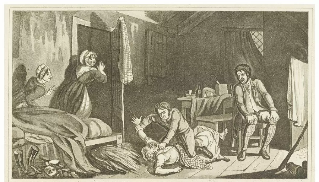 Dette er en tegning som illustrerer William Burke drepe et av ofrene sine.