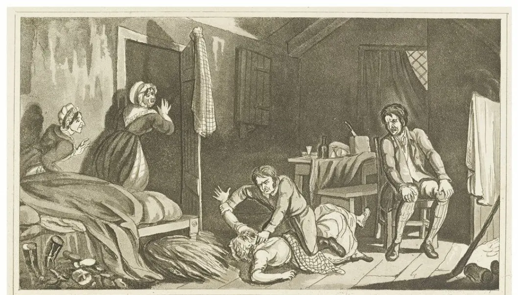 Dette er en tegning som illustrerer William Burke drepe et av ofrene sine. Dette er en tegning som illustrerer William Burke drepe et av ofrene sine.