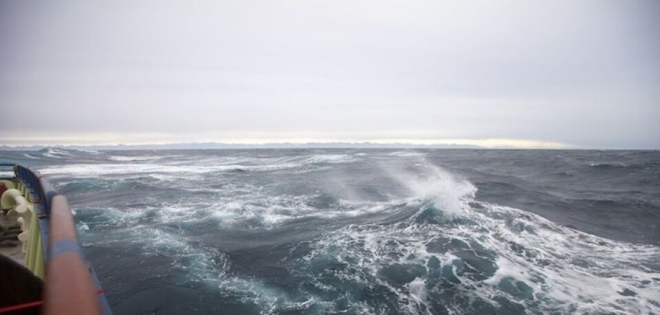 Med line rundt livet og flytedress fikk fotografen en kort tur på akterdekket på «Knorr». Med bølger opp til ti meter, føler man seg fort både liten og ydmyk overfor naturkreftene. Foto: Sindre Skrede