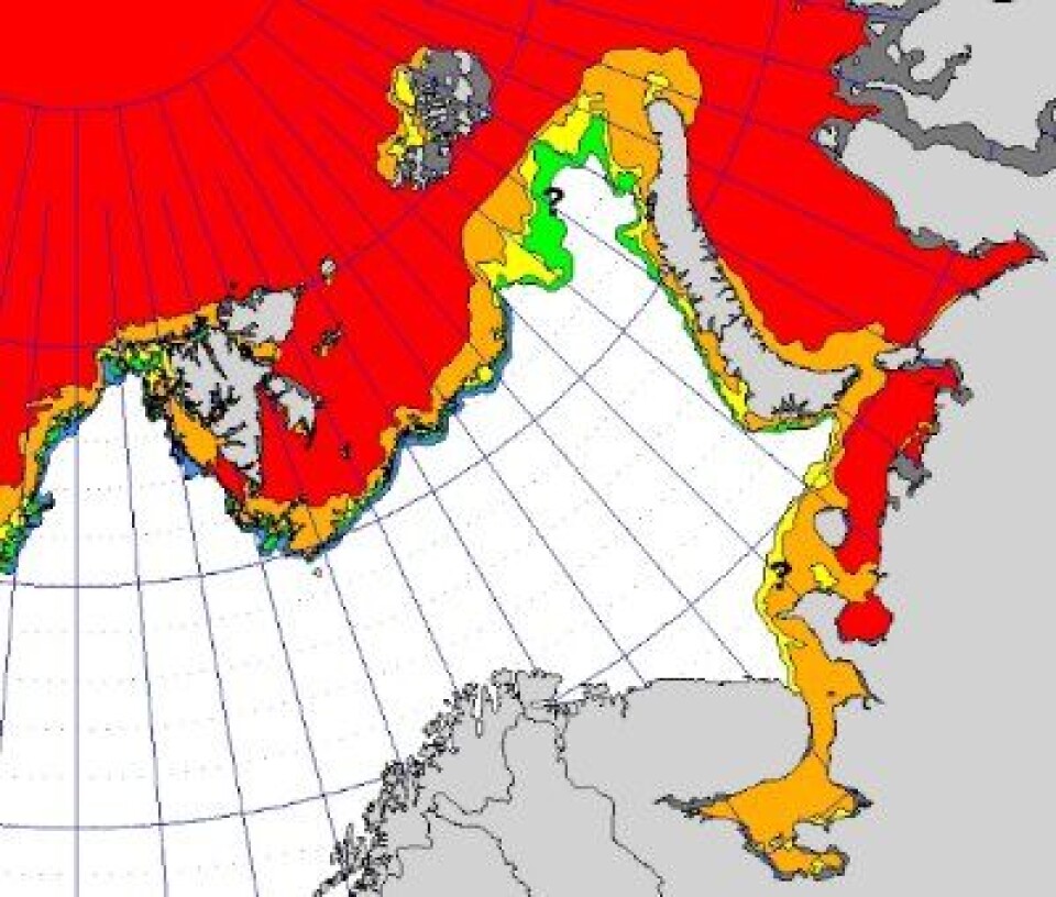 Ganske lite sjøis nord-øst i Barentshavet 28. januar. Men utenfor dette bildet, ved Labrador, er det veeeldig mye mindre is enn vanlig. (met.no)
