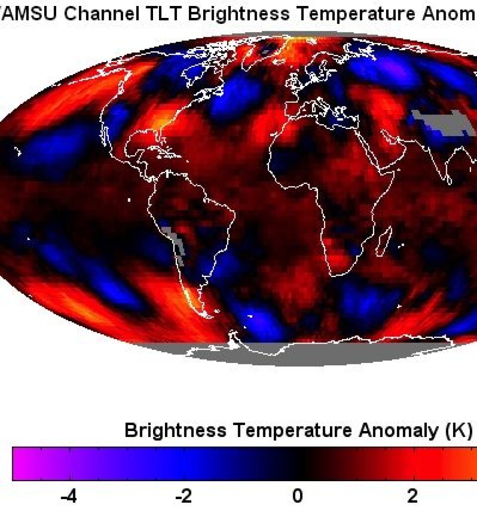 Avviket fra januar-normalen for temperatur i nedre troposfære, iflg RSS. Dessuten var det veldig varmt i Australia. (Foto: (RSS))