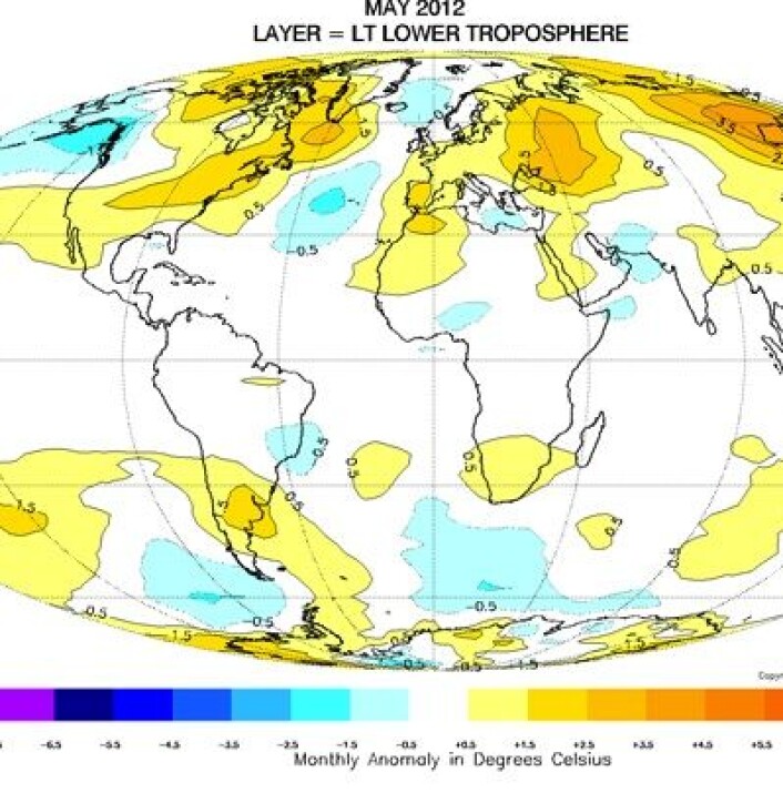 Det ble tidenes fjerde varmeste mai-måned målt fra satellitt. Slik fordelte varmen seg. (Foto: (University of Alabama in Huntsville)) Det ble tidenes fjerde varmeste mai-måned målt fra satellitt. Slik fordelte varmen seg. (Foto: (University of Alabama in Huntsville))