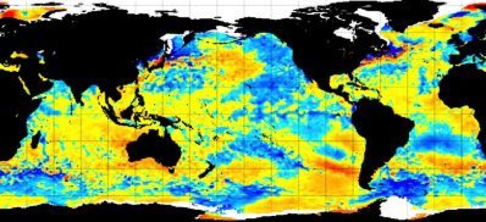 Satellittmålt temperatur i havoverflaten (avvik fra normalen) 7. februar. Global temperatur for januar målt ved bakke/hav-nivå vil neppe bli like høy som hva satellittene målte i nedre troposfære. (Foto: (NOAA))
