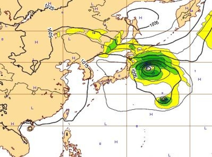 7-dagers prognosen for "Francisico" utstedt fra ECMWF 18. oktober. I så fall ville Tokyo vært i trøbbel 24-25 oktober. (Foto: (ECMWF)) 7-dagers prognosen for "Francisico" utstedt fra ECMWF 18. oktober. I så fall ville Tokyo vært i trøbbel 24-25 oktober. (Foto: (ECMWF))