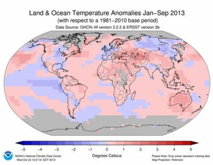 Året 2013 så langt: Varmt i Australia og i Finnmark, forholdsvis kjølig i Vest-Europa. (Foto: (NOAA)) Året 2013 så langt: Varmt i Australia og i Finnmark, forholdsvis kjølig i Vest-Europa. (Foto: (NOAA))