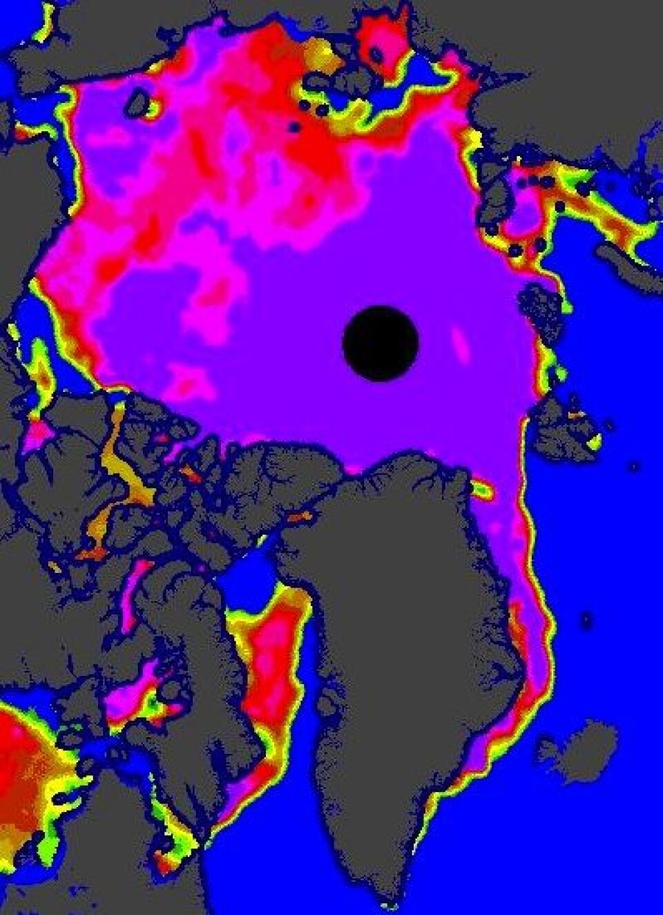 Isdekket fra EUMETSATs operative system 15 juni. Det produseres for øvrig ved norske met.no. (Foto: (EUMETSAT osisaf.met.no))