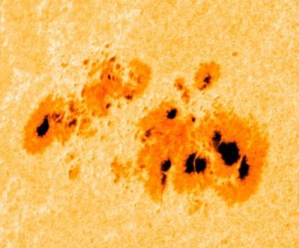 En skikkelig solflekk-klyse. Det var her det smalt forrige dagen. Her sett fra SDO dagen etter eksplosjonen. (Foto: (NASA))