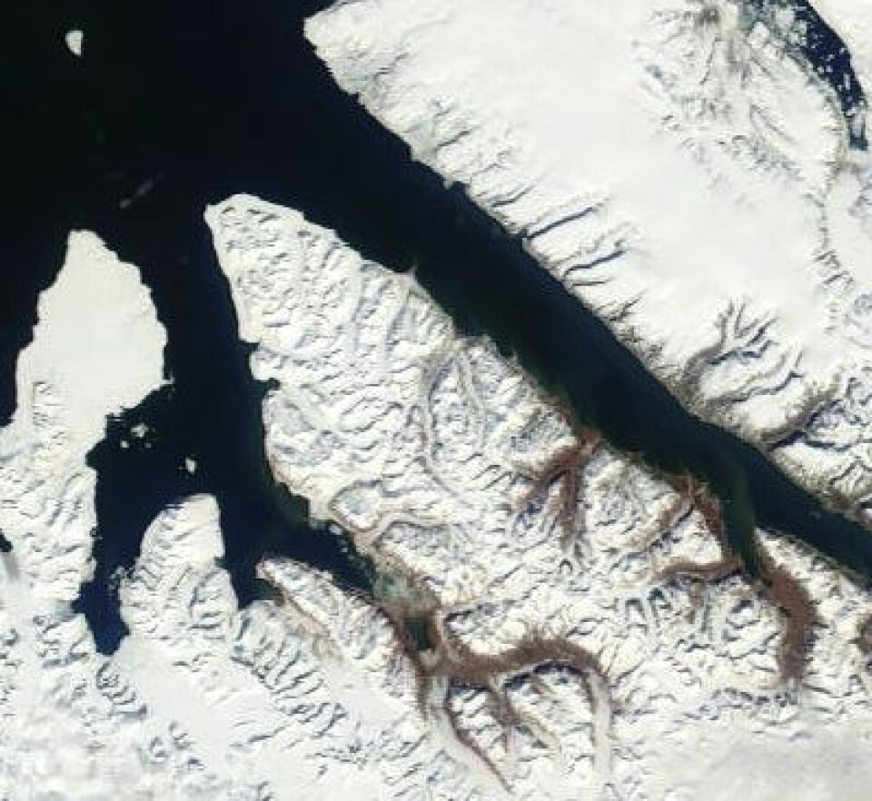 Nordsiden av Spitsbergen sett fra Terra 17. juni. (Nord er opp til venstre). (Foto: (NASA Terra MODIS))