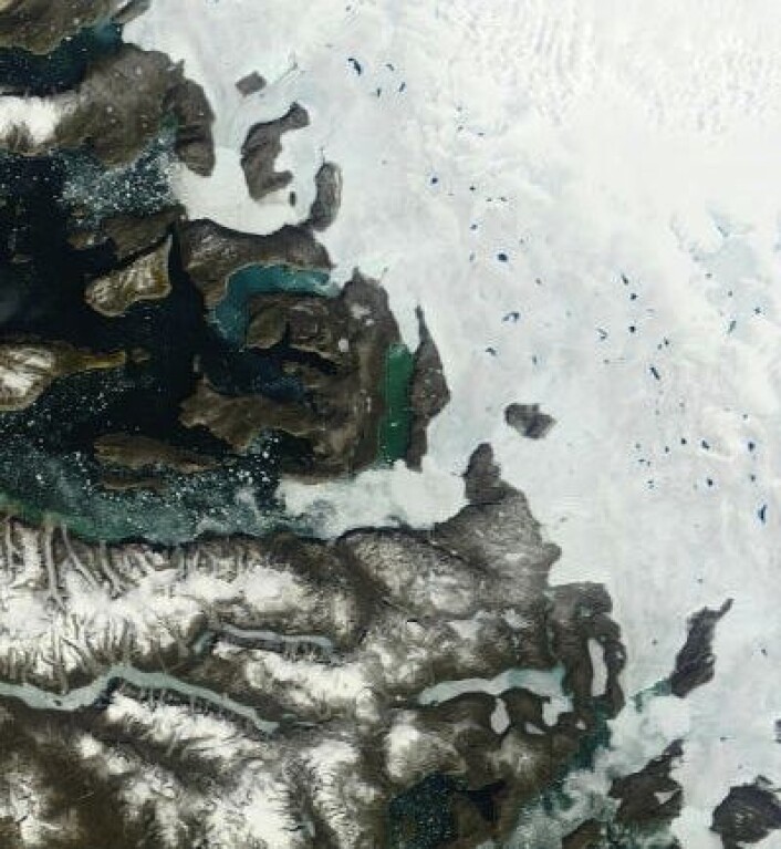 Sommerstemning ved Grønlands vestkyst. (Foto: (NASA Terra MODIS)) Sommerstemning ved Grønlands vestkyst. (Foto: (NASA Terra MODIS))