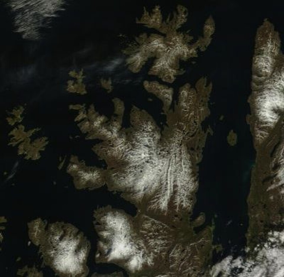 Porsangerhalvøya og Nordkapp sett fra NASAs satellitt Terra 17. juni. (Foto: (NASA Terra MODIS))