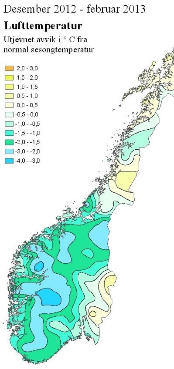 Vinteren 2013: Temperaturavvik fra normalen. (Dessuten var det varmt i Finnmark). (Foto: (met.no)) Vinteren 2013: Temperaturavvik fra normalen. (Dessuten var det varmt i Finnmark). (Foto: (met.no))