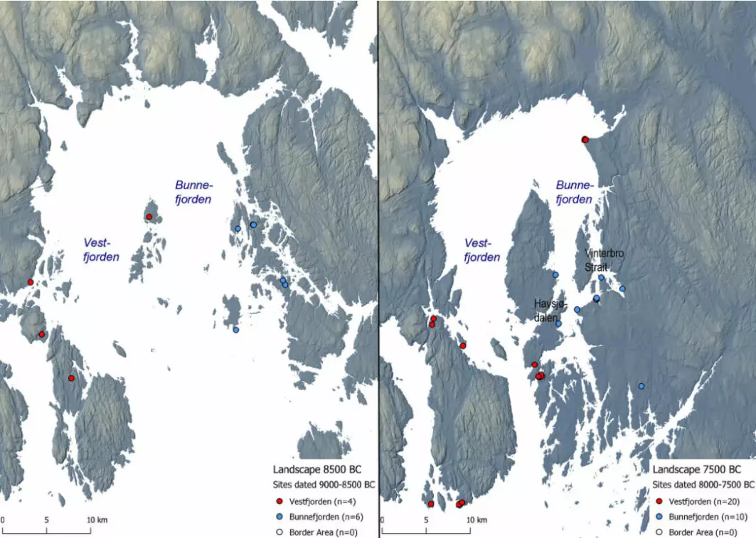 Kart som viser Oslofjorden for 10.500 år siden (venstre) og for 9.500 år siden (høyre). På kartet til høyre så legg merke til sundet Havsjødalen (midt på kartet, under Nesodden-øya), Vinterbro-sundet gjennom dagens innsjø Gjersjøen og fjorden som går inn i innsjøen Årungen i Ås.