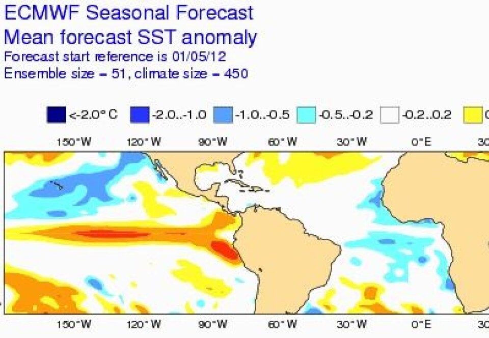 Prognosen for JJA, ifølge regnemaskinene ved ECMWF. (Foto: (ECMWF))