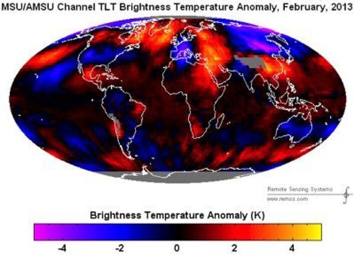 Temperaturavvik fra normalen i nedre troposfære for februar 2013. (Foto: (RSS)) Temperaturavvik fra normalen i nedre troposfære for februar 2013. (Foto: (RSS))