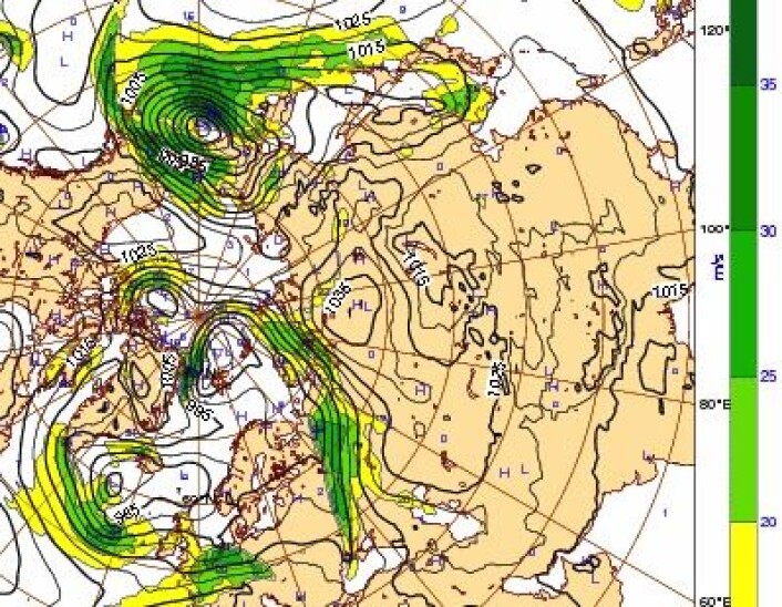 Værkart for Arktis 7. november kl 00 UTC. Grønn farge viser sterk vind. (Foto: (ECMWF)) Værkart for Arktis 7. november kl 00 UTC. Grønn farge viser sterk vind. (Foto: (ECMWF))