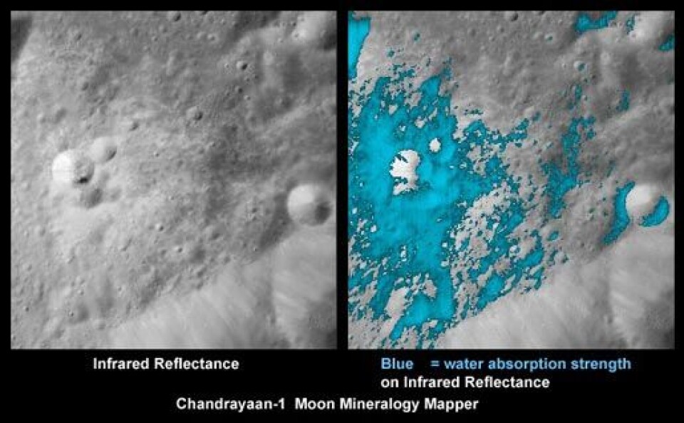 Fuktighet i måneoverflaten, sett fra Chandrayaan-1 (ISRO/NASA).