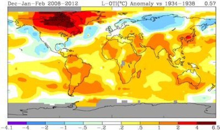 Temperaturforskjell mellom de fem (nordlige) vintrene 2008-2012 og vintrene 1934-1938. (Foto: (NASA GISS)) Temperaturforskjell mellom de fem (nordlige) vintrene 2008-2012 og vintrene 1934-1938. (Foto: (NASA GISS))