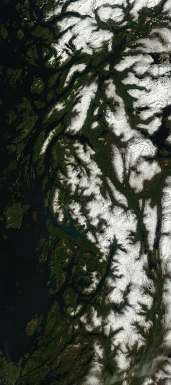 Helgelandskysten sett fra satellitt 22. juni. (Foto: (NASA Terra MODIS)) Helgelandskysten sett fra satellitt 22. juni. (Foto: (NASA Terra MODIS))