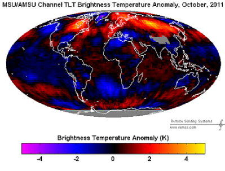 Oktober-temperaturen i nedre troposfære, målt fra satellitt og beregnet med RSS-algoritmen. Fjellene i Himalaya er så høye at man ikke kan beregne denne parameteren der. Store deler av Antarktis er også utelatt. (Foto: (RSS))