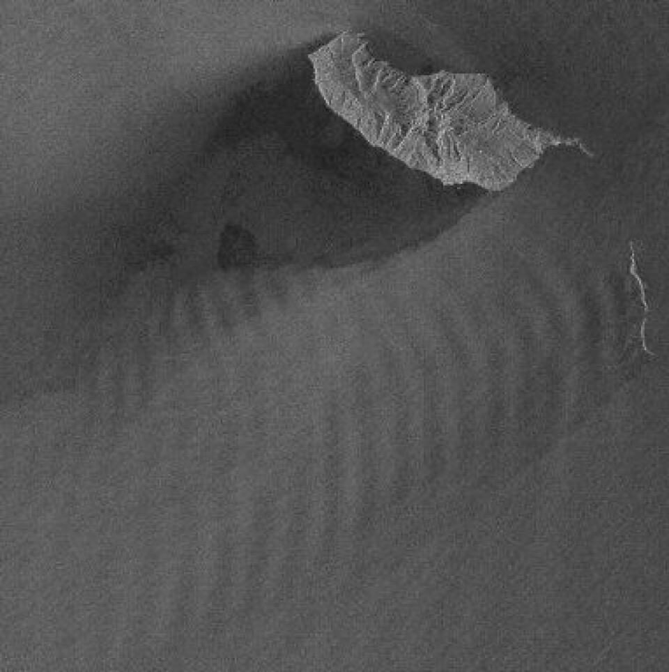 Nok et radarbilde fra ENVISAT, denne gang fra Madeira 25. februar. Mye fin geofysikk her, hvor le-bølgene i atmosfæren leker med ruheten på havoverflaten, som påvirker radarrefleksen. (ESA).