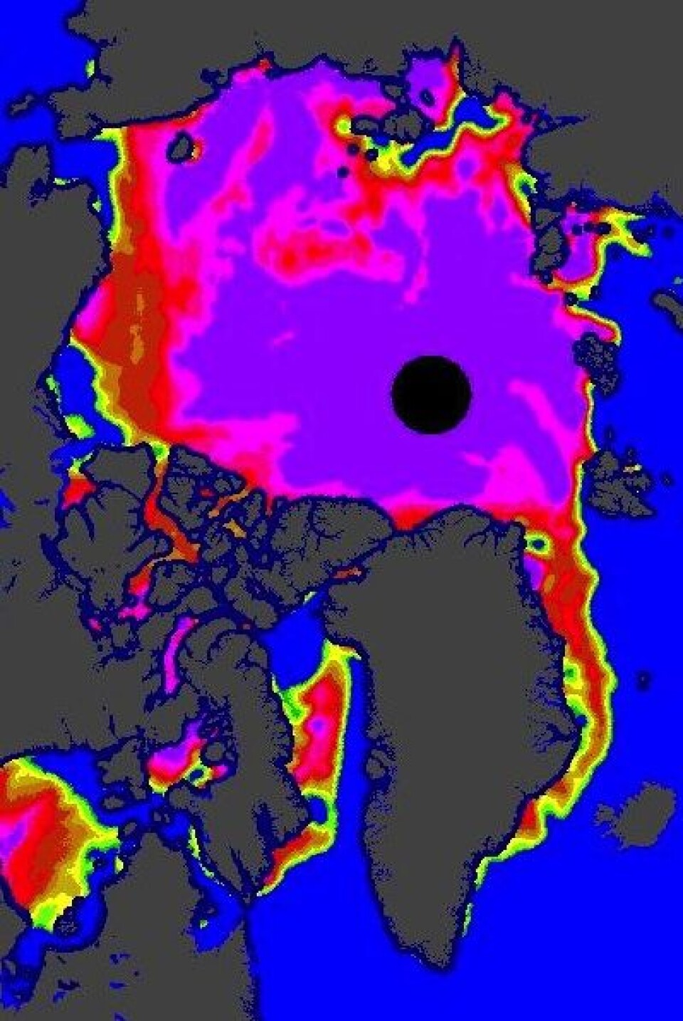 Det er midtsommer i Arktis. Her er sjøisdekket sett fra satellitt 22. juni. (Foto: (EUMETSAT osisaf.met.no))
