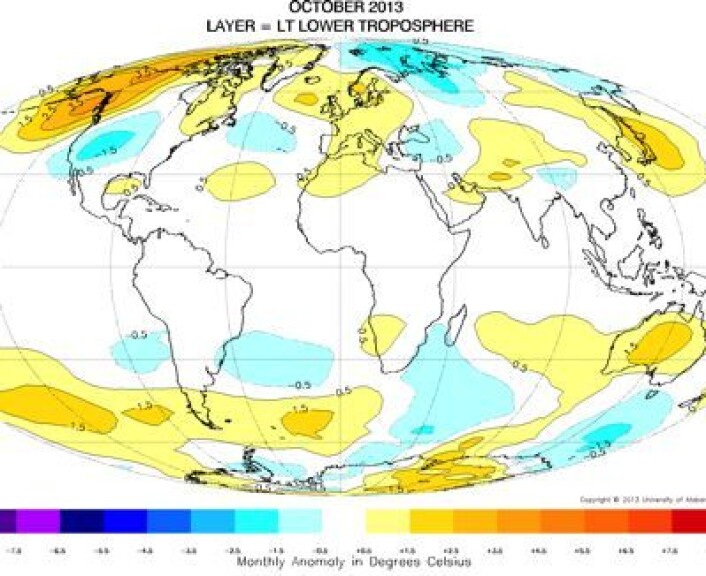 Temperatur (avvik fra normalen) i nedre troposfære i oktober. (Foto: (UAH)) Temperatur (avvik fra normalen) i nedre troposfære i oktober. (Foto: (UAH))