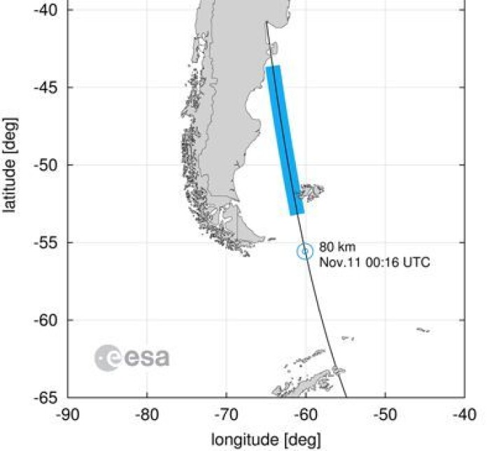 Punktet der GOCE gikk i stykker, og området der man mener vrakrester kan ha falt ned (blått). (Foto: (ESA)) Punktet der GOCE gikk i stykker, og området der man mener vrakrester kan ha falt ned (blått). (Foto: (ESA))