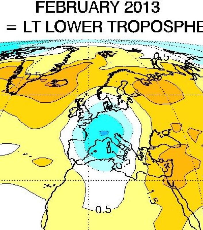 Europa februar 2013 i nedre troposfære, målt fra satellitt. (Foto: (UAH)) Europa februar 2013 i nedre troposfære, målt fra satellitt. (Foto: (UAH))