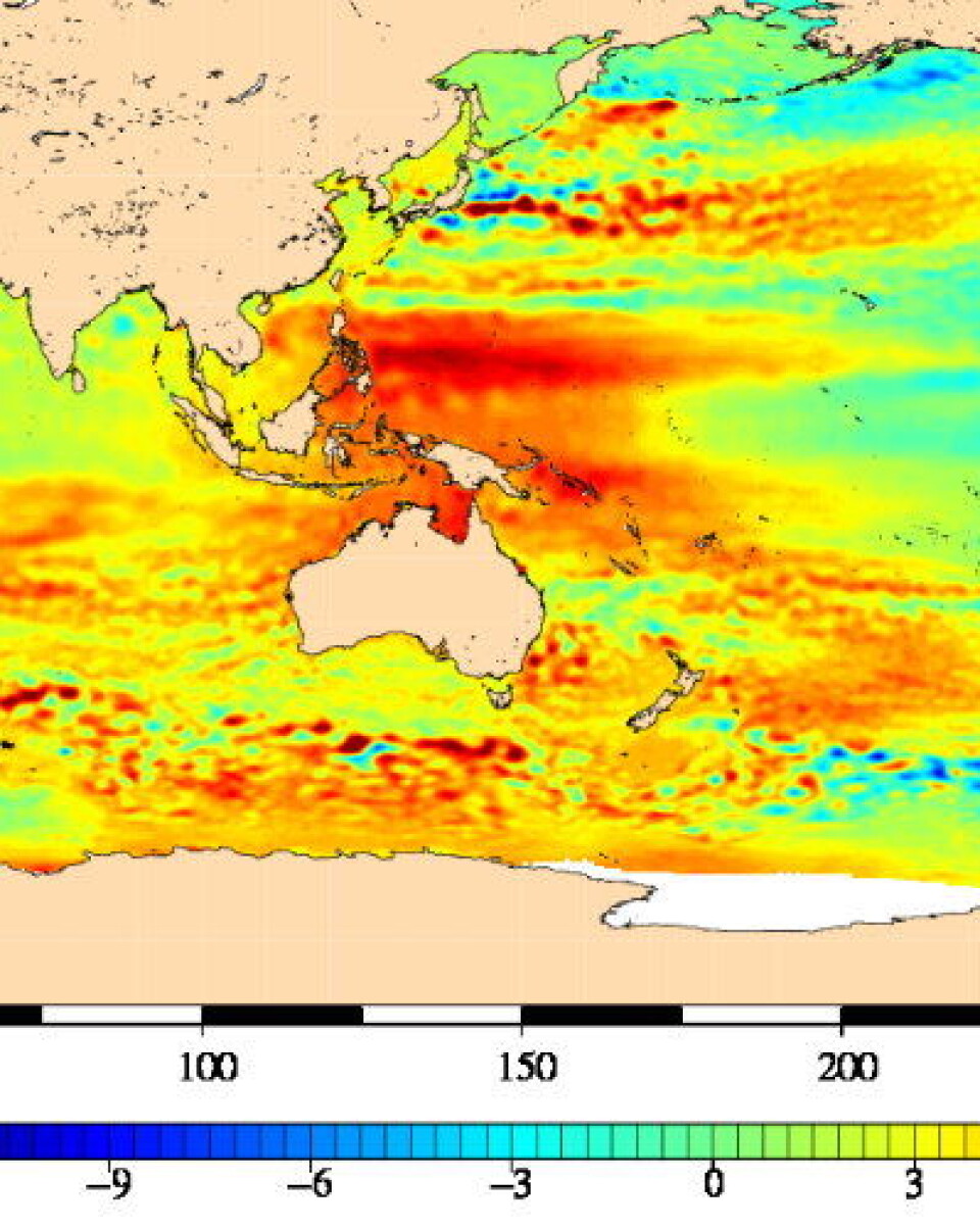 Midlere global havnivåøkning observert fra satellitt i perioden fra okt 1992 til desember 2010. Enheten er millimeter pr år. Det er meget store regionale forskjeller. (Foto: (CNES/LEGOS/CLS))