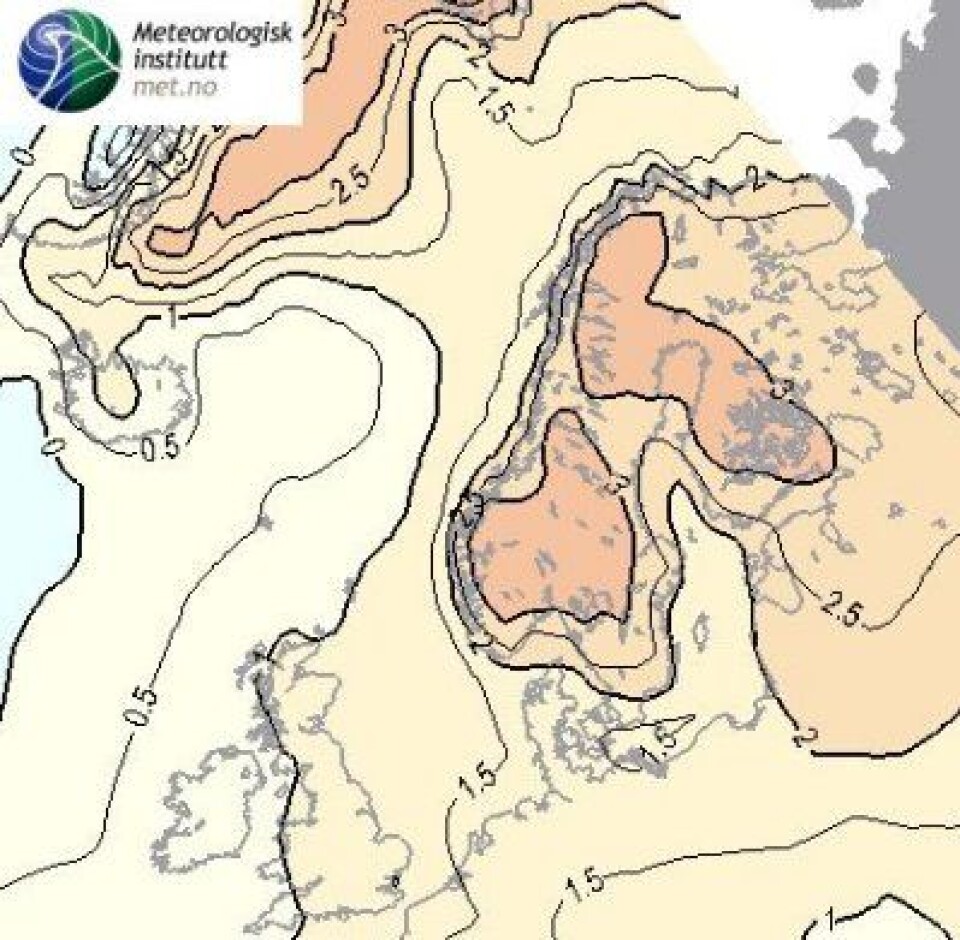 Ikke småtteri fra met.no: Det skal bli hele 3 grader varmere enn normalt i store deler av Skandinavia denne vinteren. (Foto: (met.no))