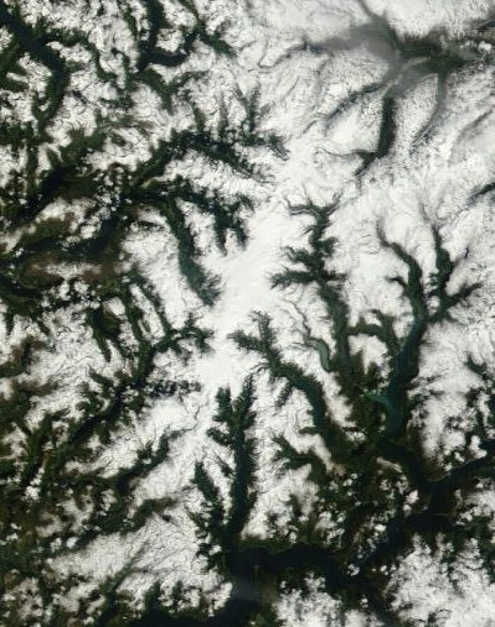 Vi begynner å skimte selve Jostedalsbreen nå, etter hvert som snøen smelter i terrenget rundt omkring. Dette bildet er tatt 27. juni. (Foto: (NASA Terra MODIS)) Vi begynner å skimte selve Jostedalsbreen nå, etter hvert som snøen smelter i terrenget rundt omkring. Dette bildet er tatt 27. juni. (Foto: (NASA Terra MODIS))