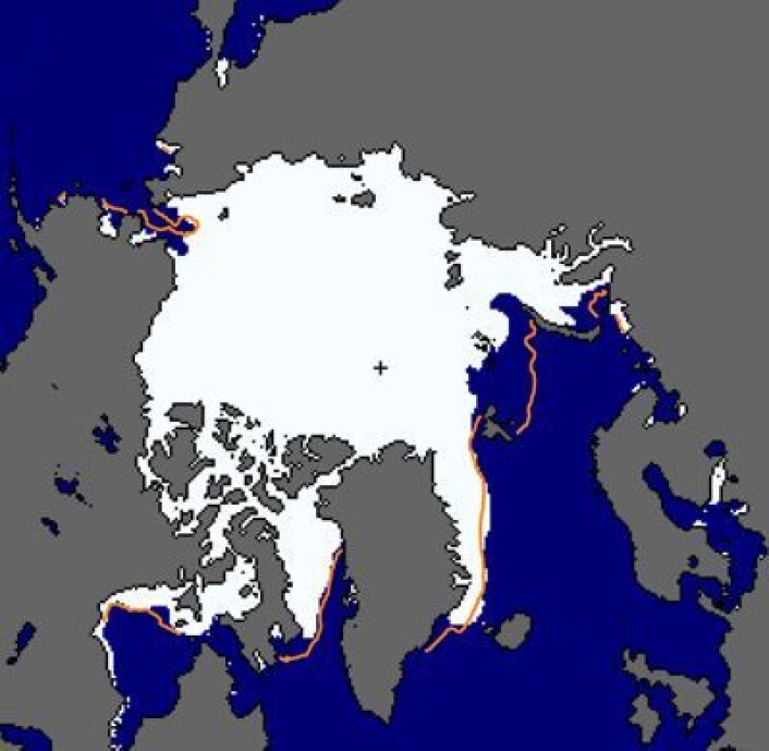 Isdekket i Arktis 21 nov. Medianen for perioden 1981-2010 er også vist. (Foto: (NSIDC)) Isdekket i Arktis 21 nov. Medianen for perioden 1981-2010 er også vist. (Foto: (NSIDC))