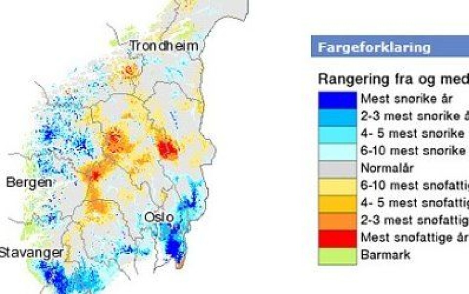 Ikke så mye snø i fjellet på Østlandet i år - så langt. (met.no)