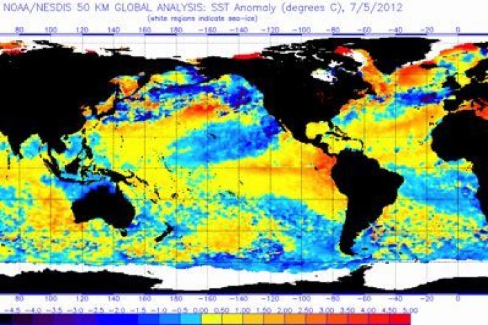 Satellittmålt temperatur i havoverflaten 5. juli. Store kontraster både i Stillehavet og Atlanterhavet. (Foto: (NOAA)) Satellittmålt temperatur i havoverflaten 5. juli. Store kontraster både i Stillehavet og Atlanterhavet. (Foto: (NOAA))