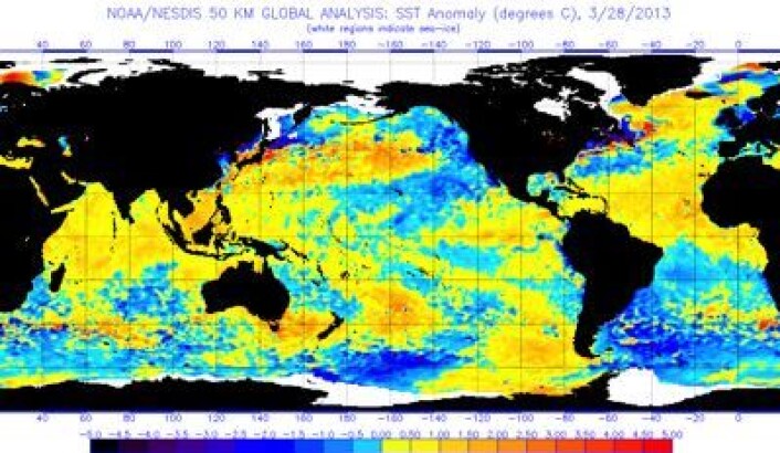 Satellittmålt temperatur i havoverflaten 28. mars. Er det noe ENSO-show på gang i Stillehavet? (Foto: (NOAA)) Satellittmålt temperatur i havoverflaten 28. mars. Er det noe ENSO-show på gang i Stillehavet? (Foto: (NOAA))