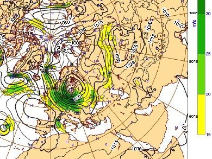 Værkartet fredag kl 12:00 UTC. Stormen "Bodil" presser sjøvannet fra Kattegat inn mot Sjælland. (Foto: (ECMWF)) Værkartet fredag kl 12:00 UTC. Stormen "Bodil" presser sjøvannet fra Kattegat inn mot Sjælland. (Foto: (ECMWF))