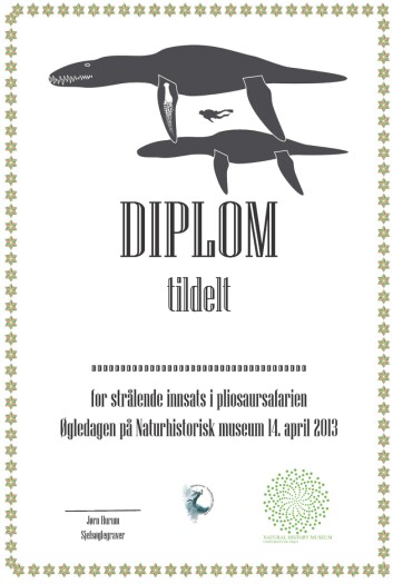 Diplom til dem som var med på pliosaursafarien på Øgledagen. (Foto: Copyright: Naturhistorisk museum) Diplom til dem som var med på pliosaursafarien på Øgledagen. (Foto: Copyright: Naturhistorisk museum)