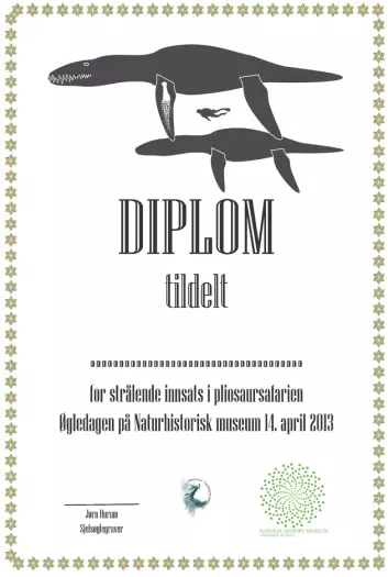 Diplom til dem som var med på pliosaursafarien på Øgledagen. (Foto: Copyright: Naturhistorisk museum)
