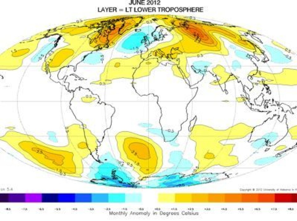 Juni-temperaturen i nedre troposfære 2012. (Foto: (UAH))