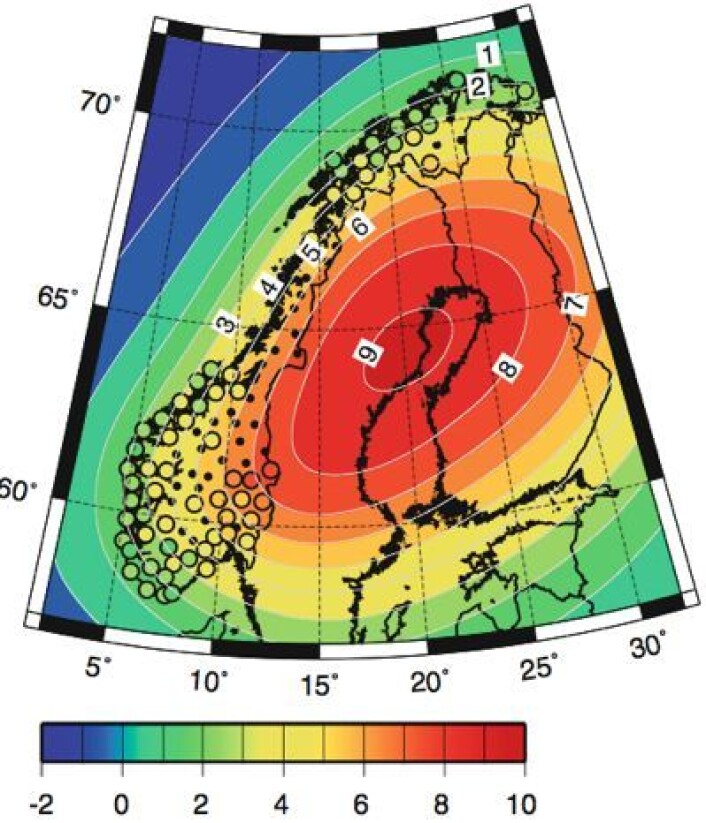 Slik stiger landet - basert på geodetisk teori og GPS-målinger. (Foto: (Simpson, Breili & Kierulf, Clim.Dyn. 2013)) Slik stiger landet - basert på geodetisk teori og GPS-målinger. (Foto: (Simpson, Breili & Kierulf, Clim.Dyn. 2013))