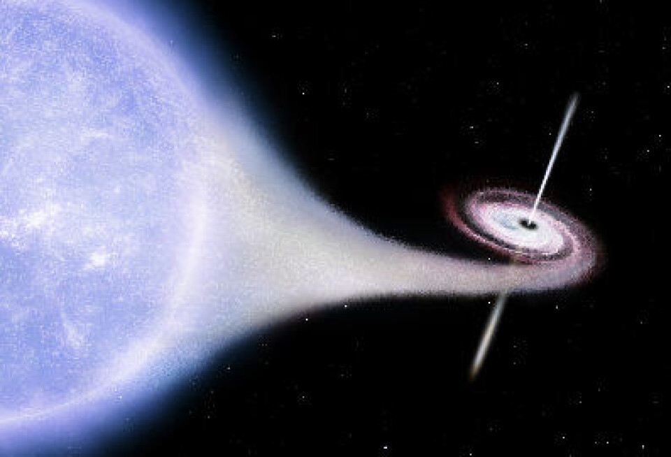 Cygnus X-1, et sort hull som spiser masse av sin nabostjerne. NB: Dette er en tegning - ikke en obervasjon fra en romsonde! (ESA)
