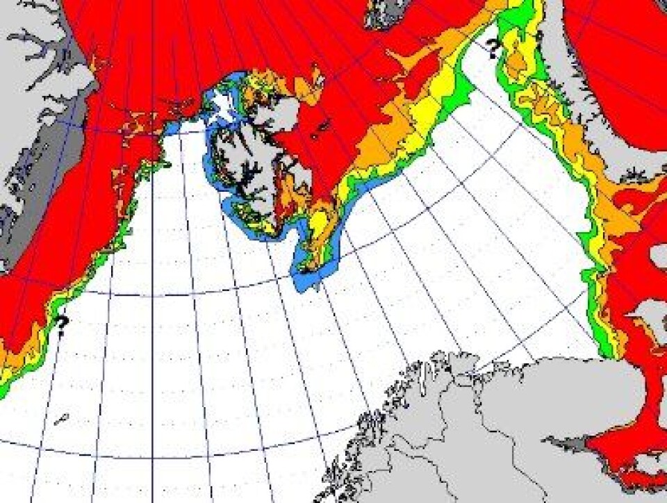 Satellittene ser hvor det er is. Men hvor tykk er isen? (Iskart fra met.no)