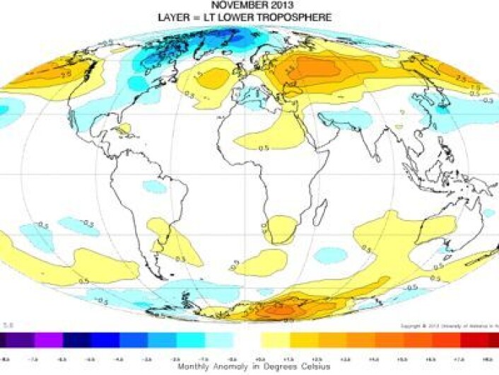 Temperatur (avvik fra normalen) i nedre troposfære for november, målt fra satellitt. (Foto: (UAH)) Temperatur (avvik fra normalen) i nedre troposfære for november, målt fra satellitt. (Foto: (UAH))