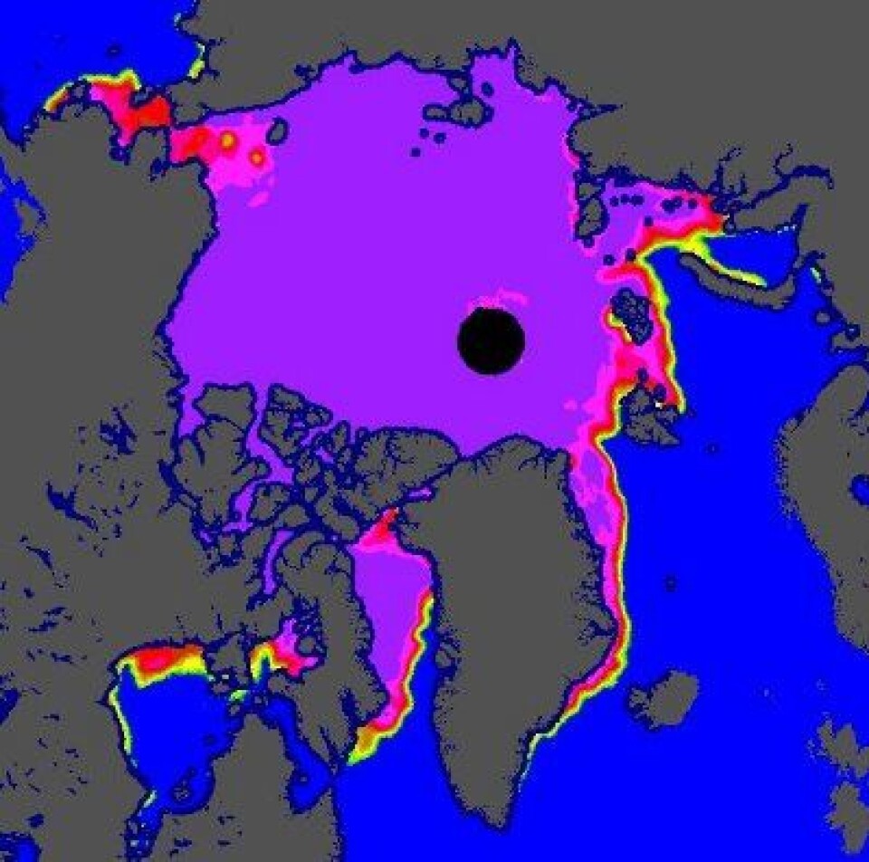 Det begynner omsider å legge seg is i Hudson Bay nå. Her sett fra satellitt 2 desember. (Foto: (EUMETSAT osisaf.met.no))