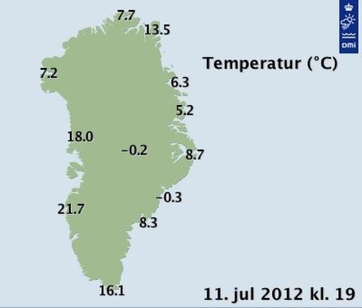 Godt og varmt på Grønland om dagen. Slik var det onsdag kveld. (Foto: (DMI)) Godt og varmt på Grønland om dagen. Slik var det onsdag kveld. (Foto: (DMI))
