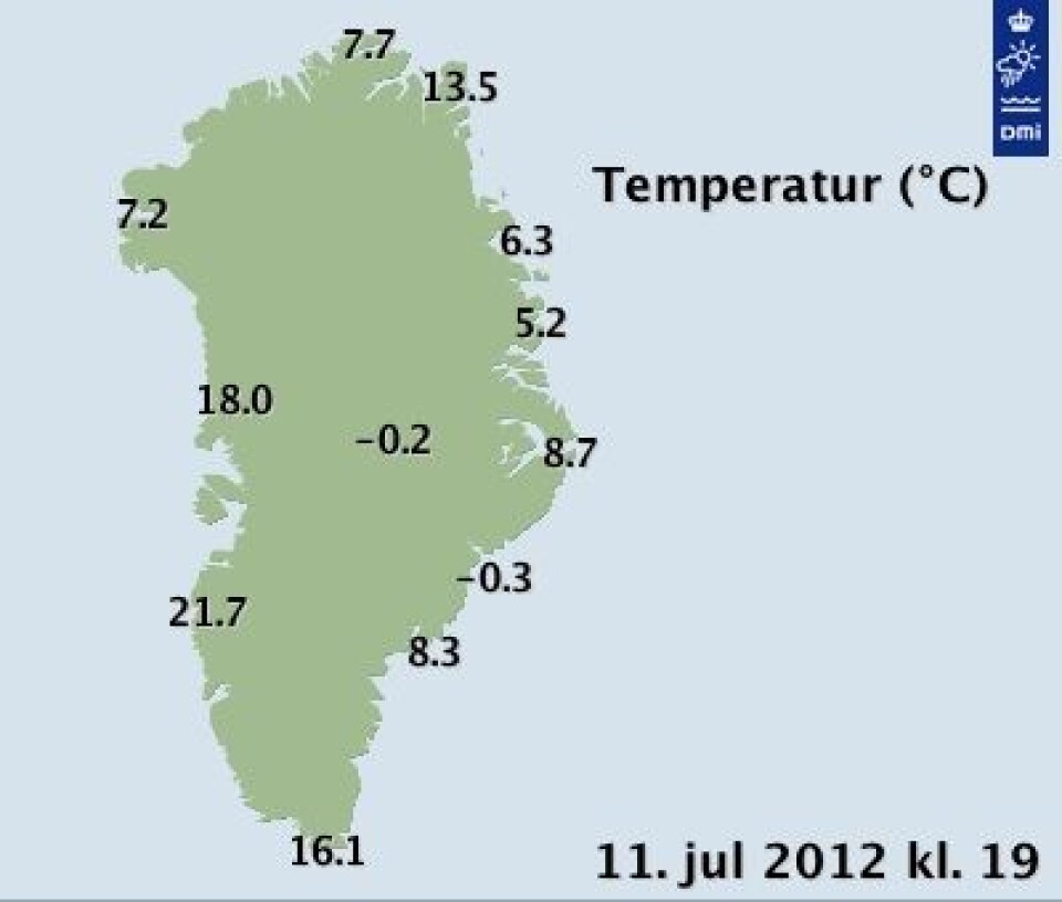 Godt og varmt på Grønland om dagen. Slik var det onsdag kveld. (Foto: (DMI))