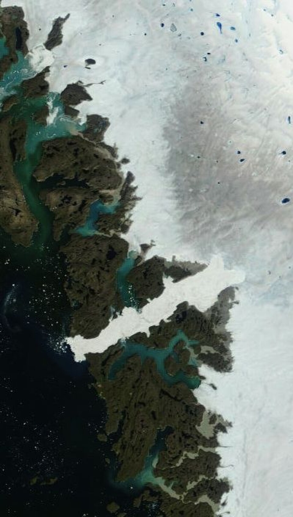 Jakobshavn og isen deromkring sett fra NASAs satellitt Terra, etter noen varme dager på Grønlands vestkyst. (Foto: (NASA Terra MODIS))