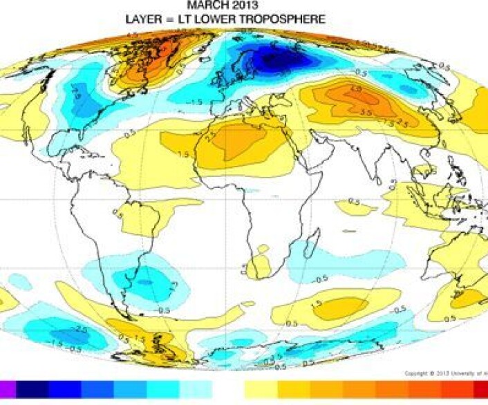 Det var meget store temperaturforskjeller i nedre troposfære på den nordlige halvkule i mars. (Foto: (UAH)) Det var meget store temperaturforskjeller i nedre troposfære på den nordlige halvkule i mars. (Foto: (UAH))